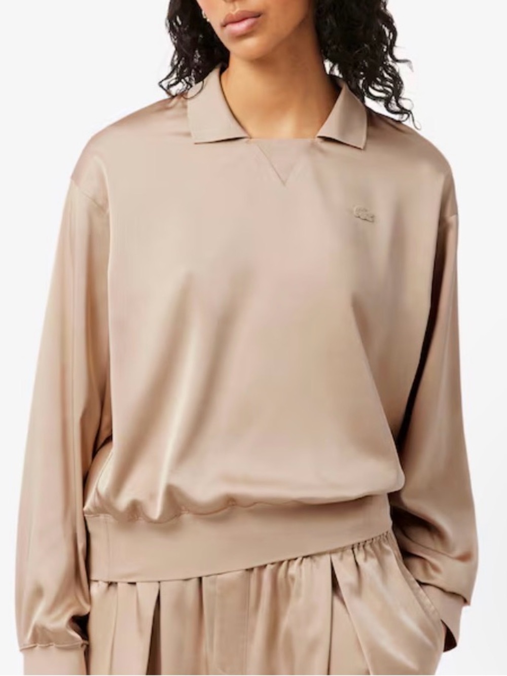 Lacoste Beige Satin-Look Long Sleeve Polo Top